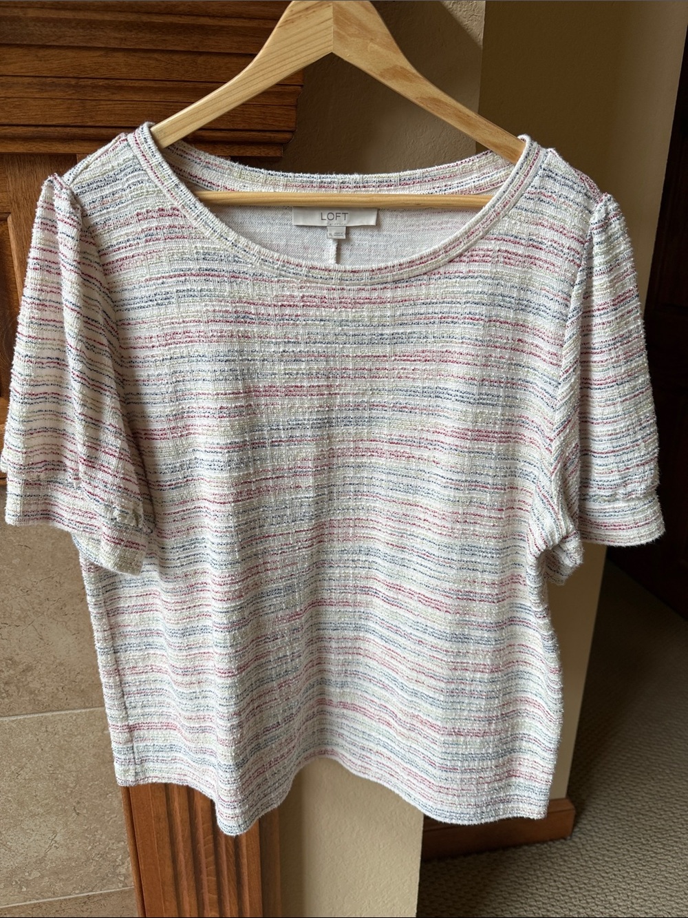 LOFT Cream Short Sleeve Knit Top with Pastel Stripes